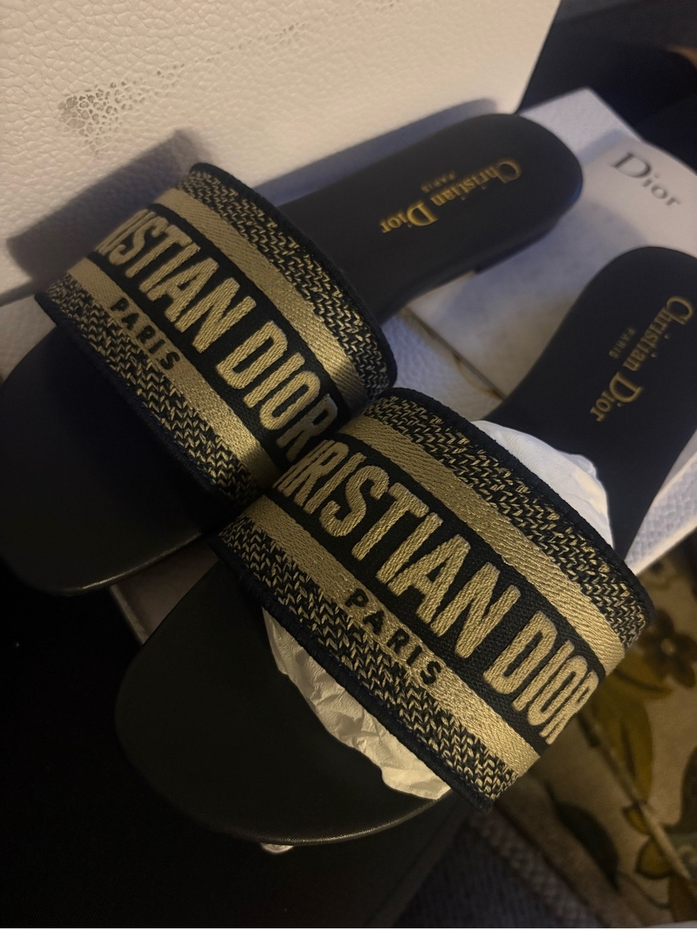 Dior Black and Gold Embroidered Slide Sandals